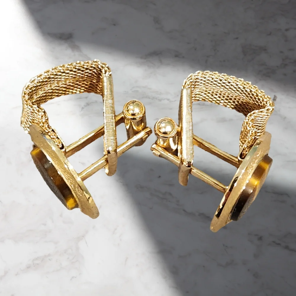 Vintage Tiger's‎ Eye Yellow Gold Tone Wrap Around Cuff Links
